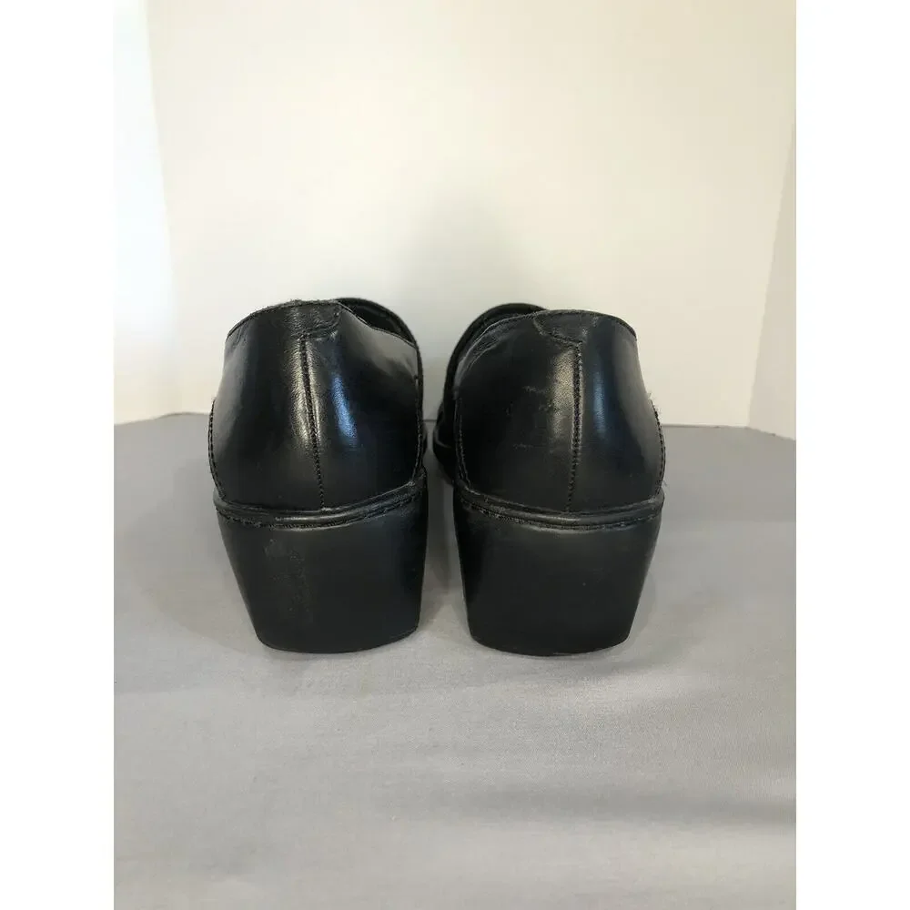 Women’s Clarks Slide On Black‎ Leather Buckle Wedge Comfort Shoes Size 8.5